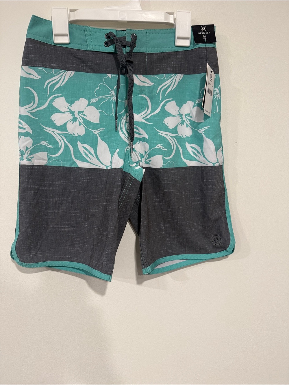 Hang Ten Teal and Charcoal Floral Panel Kids Swim Board Shorts